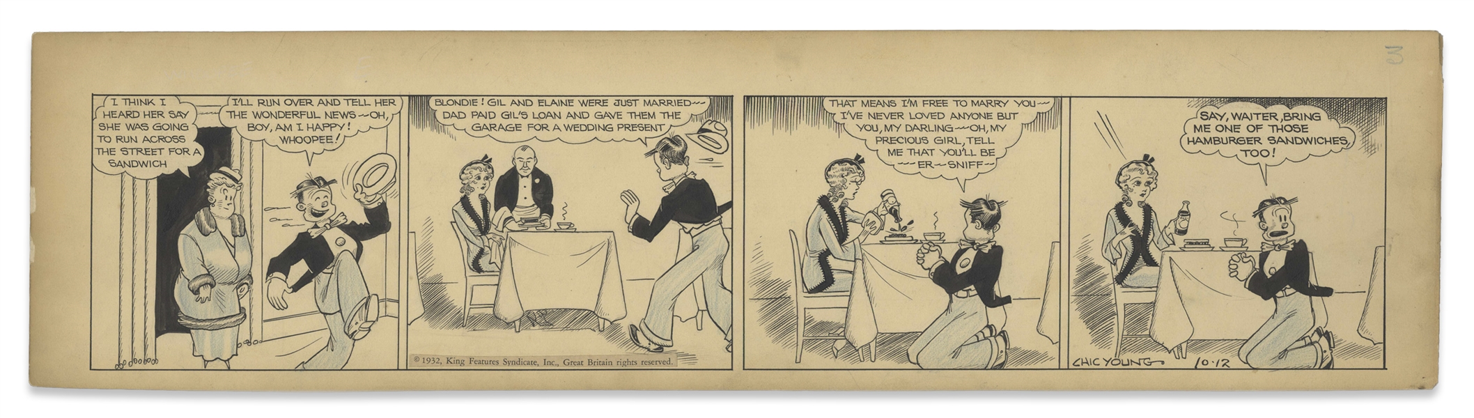 Chic Young Hand-Drawn ''Blondie'' Comic Strip From 1932 Titled ''A Boy in Love'' -- Dagwood Proposes to Blondie Before Getting Distracted by a Sandwich